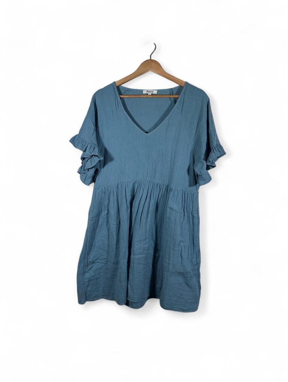 Madewell Blue/Green Cotton Gauze Ruffle Sleeve Babydoll Mini Dress M